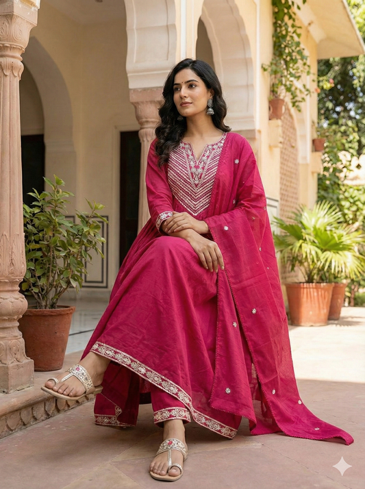 LAVI PINK EMBROIDERY ANARKALI SUIT SET