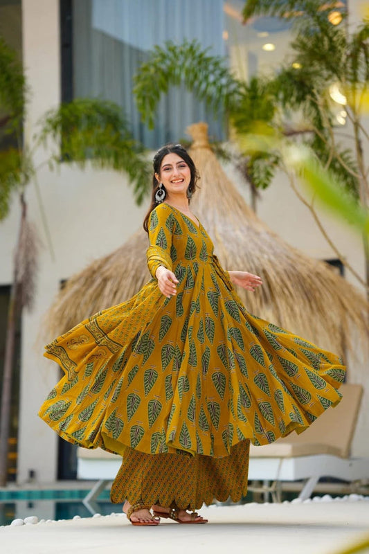MAHIMA MUSTARD BLOCK PRINT ANARKALI SET