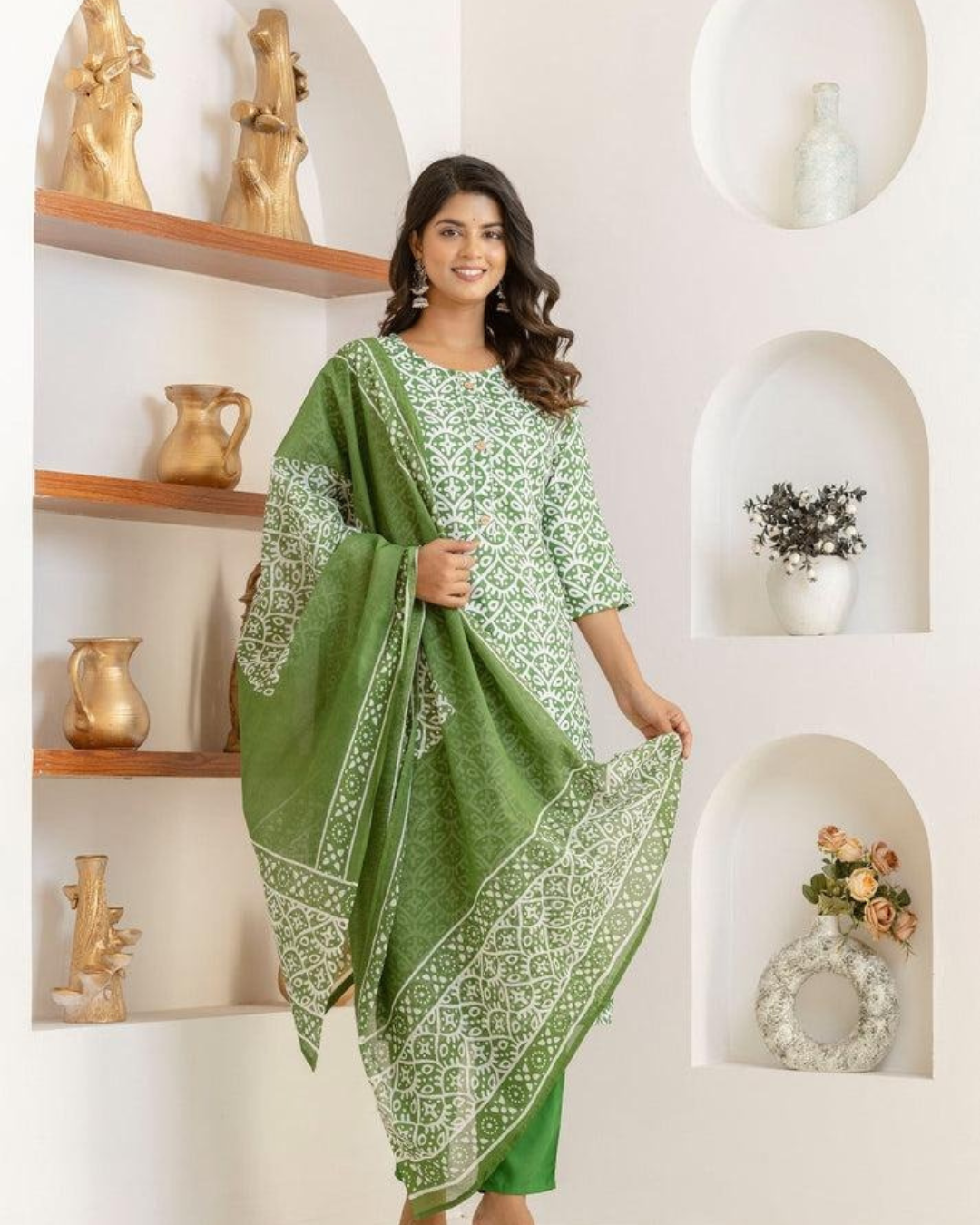 MOSS GREEN PRINTED KURTA SET