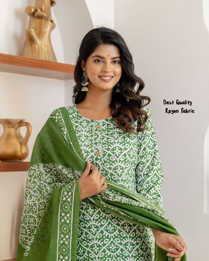 MOSS GREEN PRINTED KURTA SET