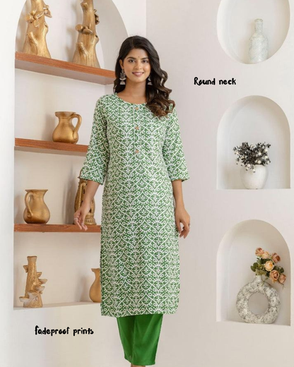 MOSS GREEN PRINTED KURTA SET