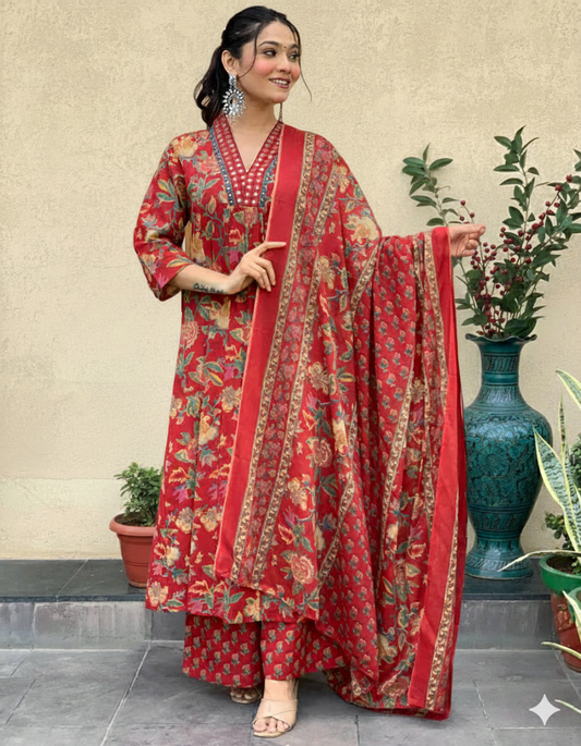 LALIMAA RED FLORAL PRINTED KURTA SET