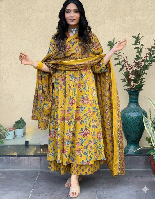 SARIKA YELLOW PRINTED ANARKALI KURTA SET