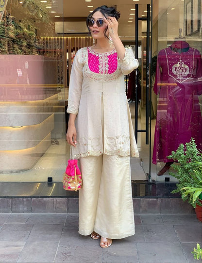 AABROO IVORY EMBROIDERED PLAZZO SET