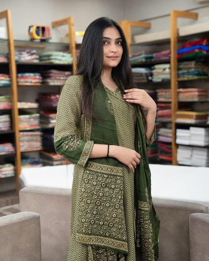 ZOYA OLIVE CHEVRON BLOCK PRINTED ANARKALI