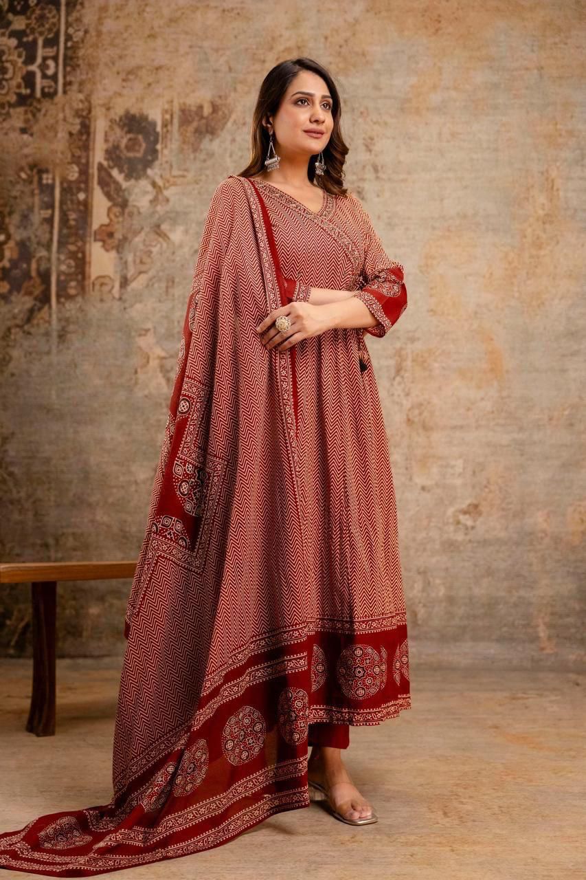 SIYA RUSTIC RED BLOCKPRINTED ANARKALI
