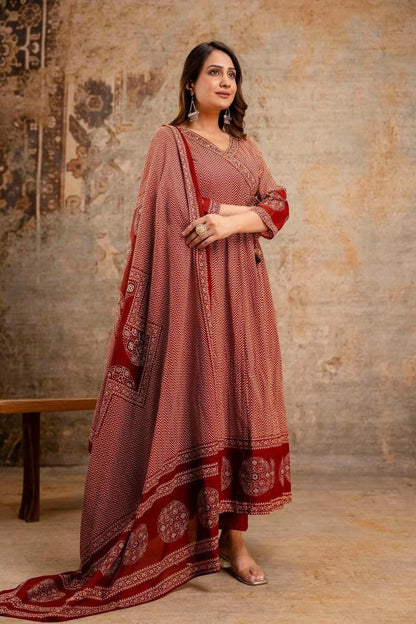 SIYA RUSTIC RED BLOCKPRINTED ANARKALI