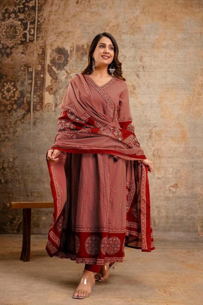 SIYA RUSTIC RED BLOCKPRINTED ANARKALI