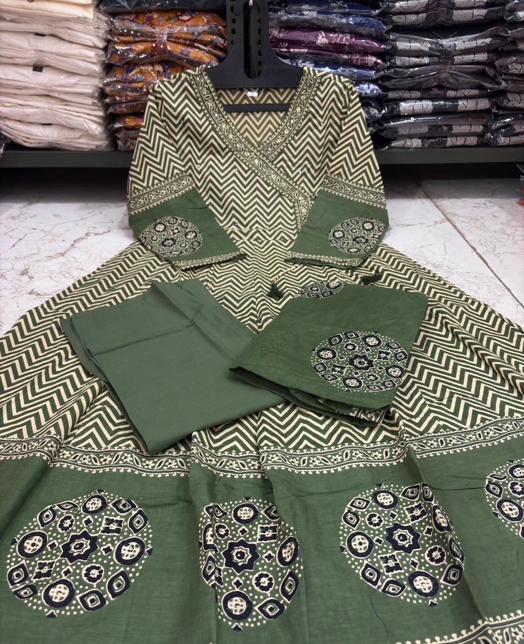 ZOYA OLIVE CHEVRON BLOCK PRINTED ANARKALI