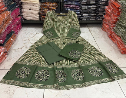 ZOYA OLIVE CHEVRON BLOCK PRINTED ANARKALI