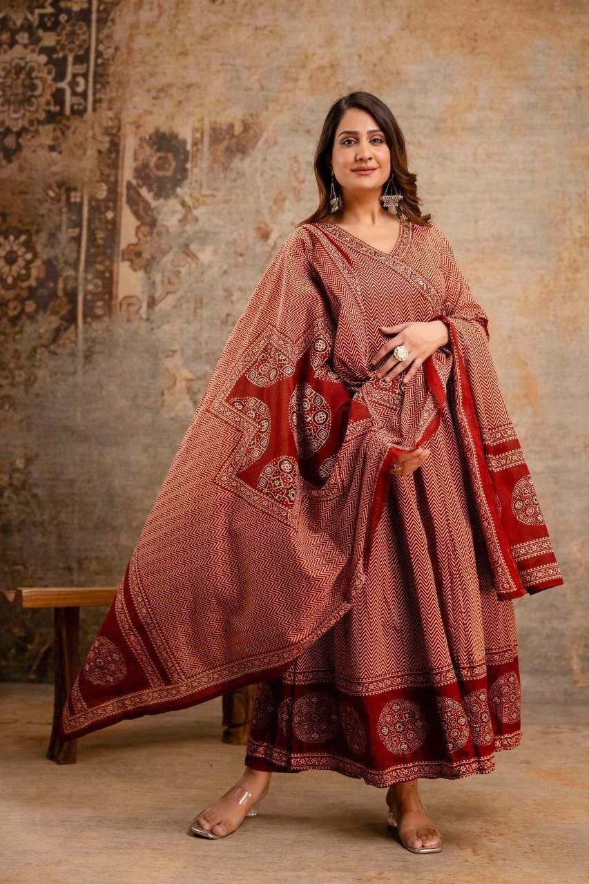 SIYA RUSTIC RED BLOCKPRINTED ANARKALI