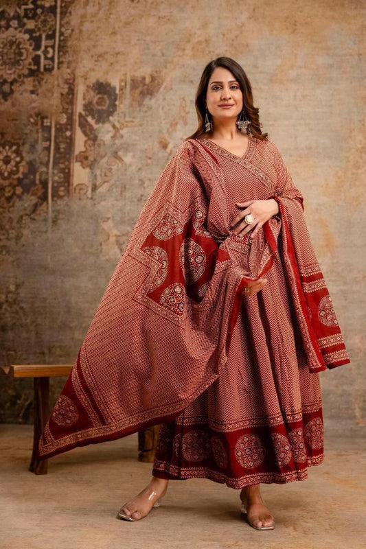 SIYA RUSTIC RED BLOCKPRINTED ANARKALI