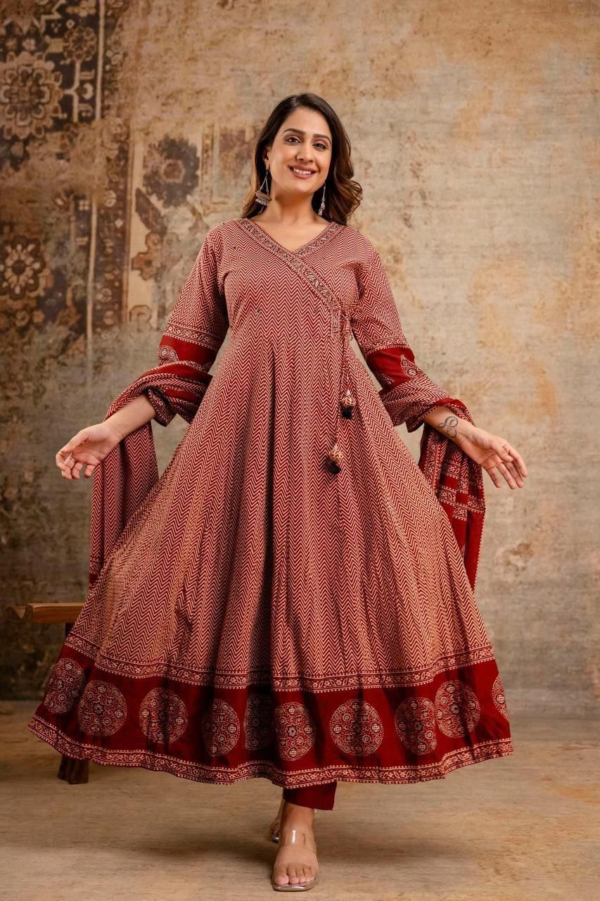 SIYA RUSTIC RED BLOCKPRINTED ANARKALI