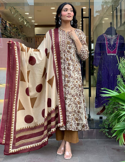 SHEER CREME BLOCK PRINTED ANARKALI SET