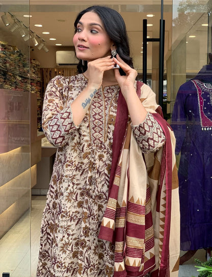 SHEER CREME BLOCK PRINTED ANARKALI SET