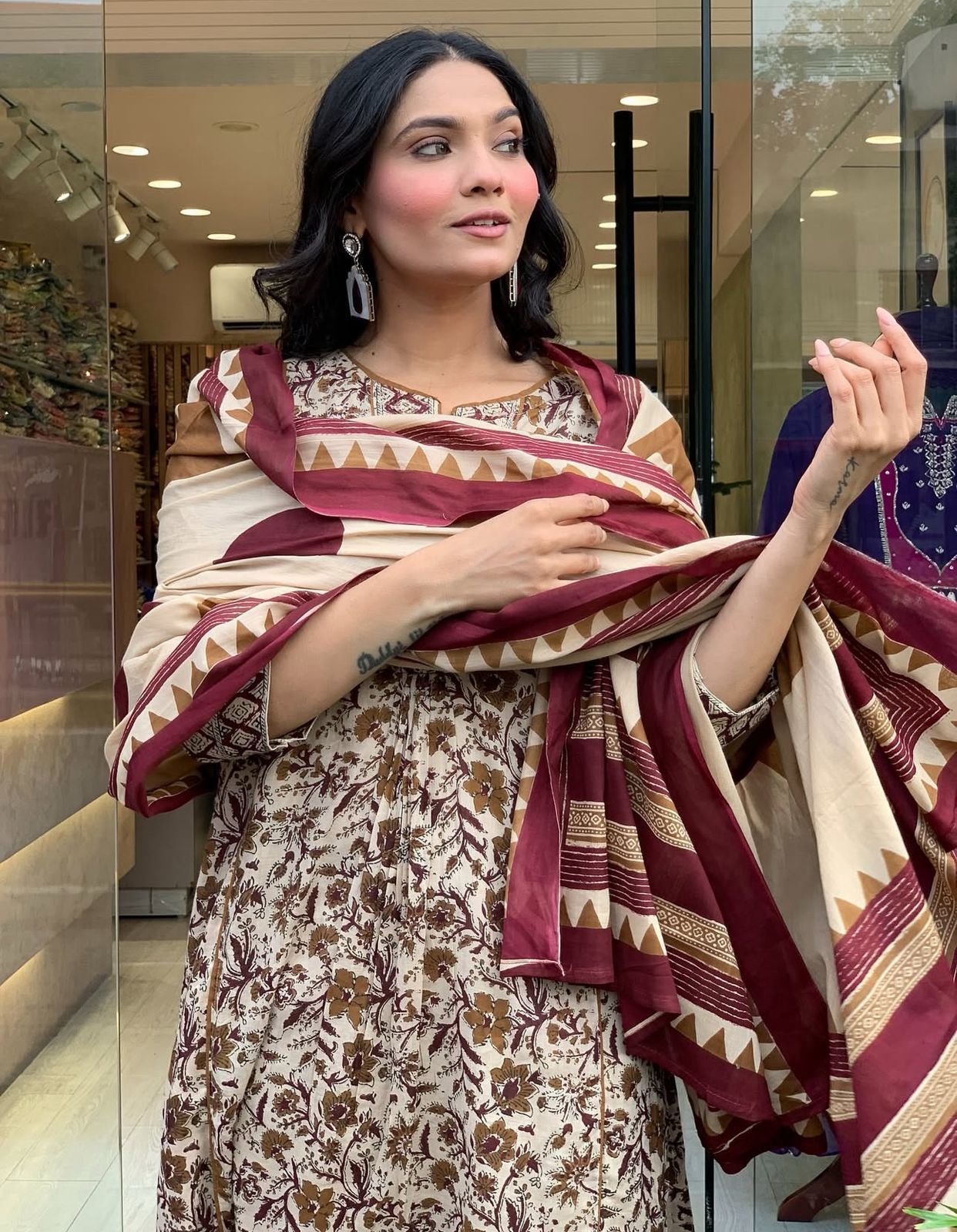 SHEER CREME BLOCK PRINTED ANARKALI SET