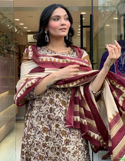 SHEER CREME BLOCK PRINTED ANARKALI SET