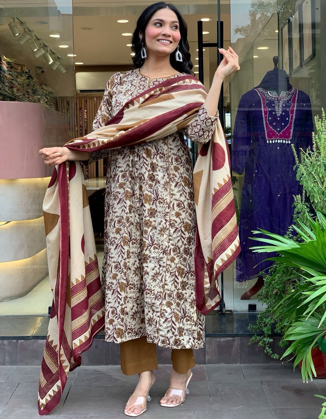 SHEER CREME BLOCK PRINTED ANARKALI SET