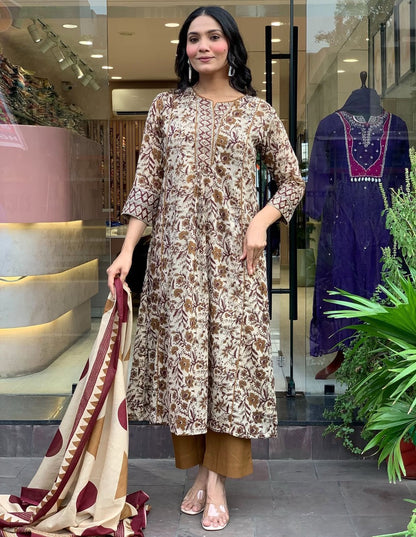 SHEER CREME BLOCK PRINTED ANARKALI SET