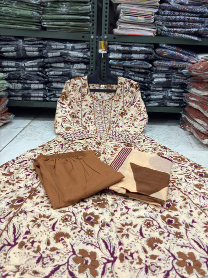 SHEER CREME BLOCK PRINTED ANARKALI SET