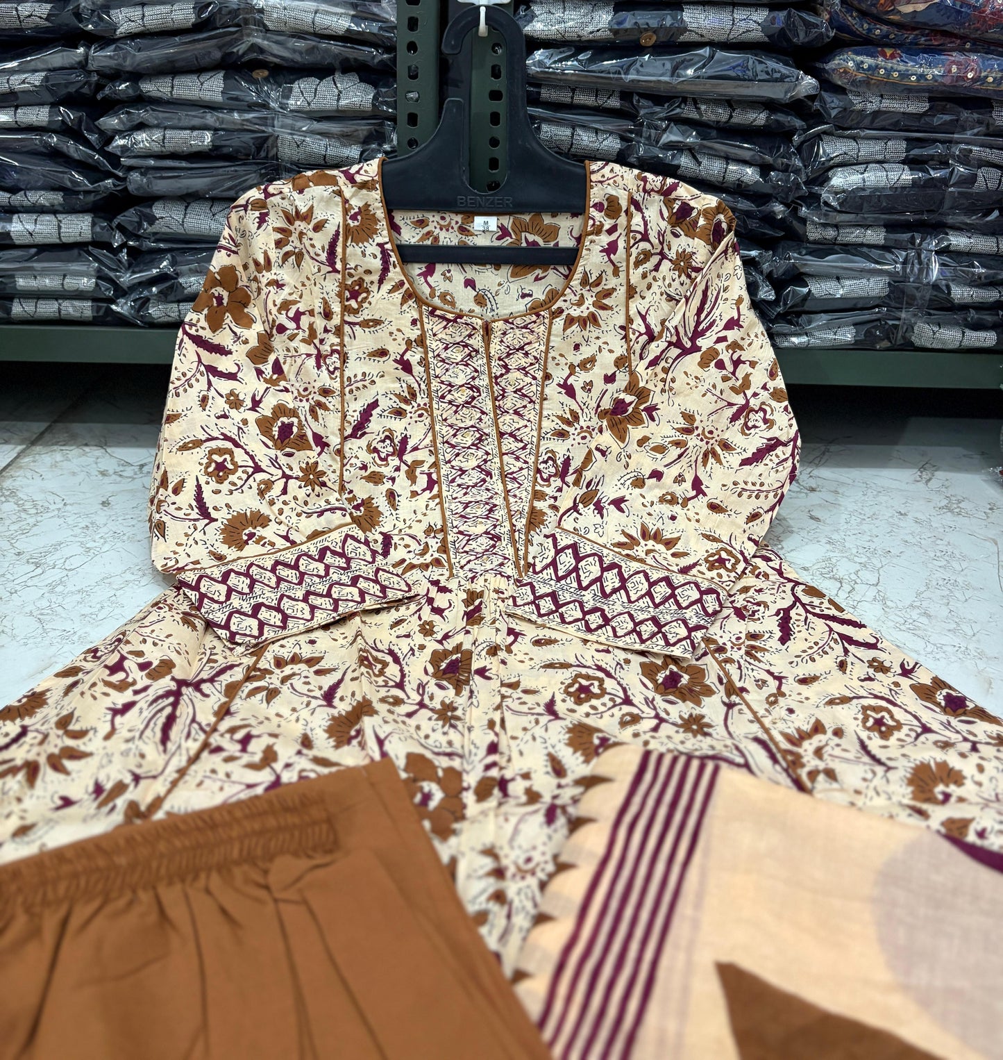 SHEER CREME BLOCK PRINTED ANARKALI SET