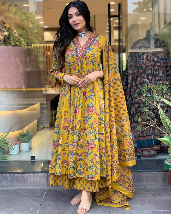 SARIKA YELLOW PRINTED ANARKALI SET