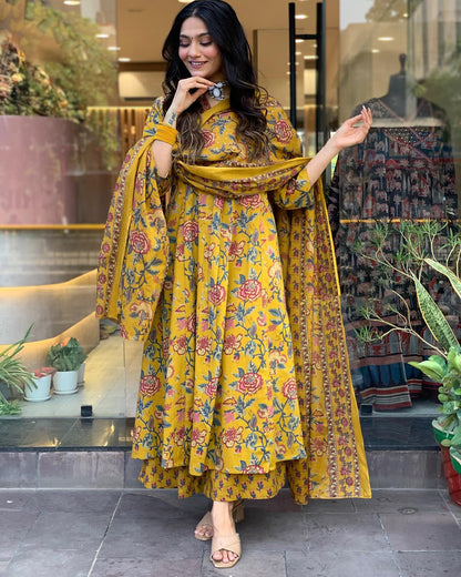 SARIKA YELLOW PRINTED ANARKALI SET