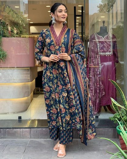 KAVERI BLUE FLORAL PRINTED ANARKALI SET