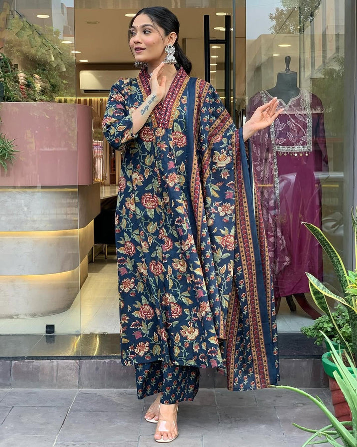 KAVERI BLUE FLORAL PRINTED ANARKALI SET