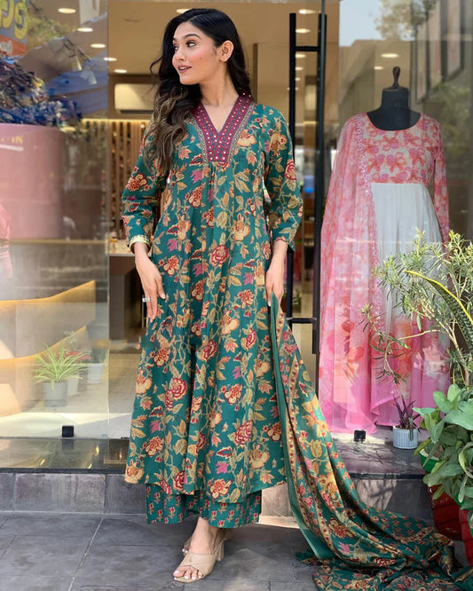 AAROHII GREEN FLORAL PRINTED ANARKALI SET