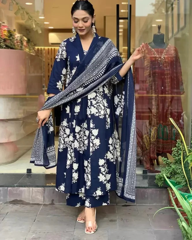 KASHISH DEEP BLUE PRINTED ANARKALI SET