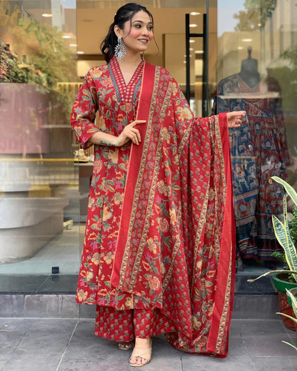 LALIMAA RED FLORAL PRINTED ANARKALI SET