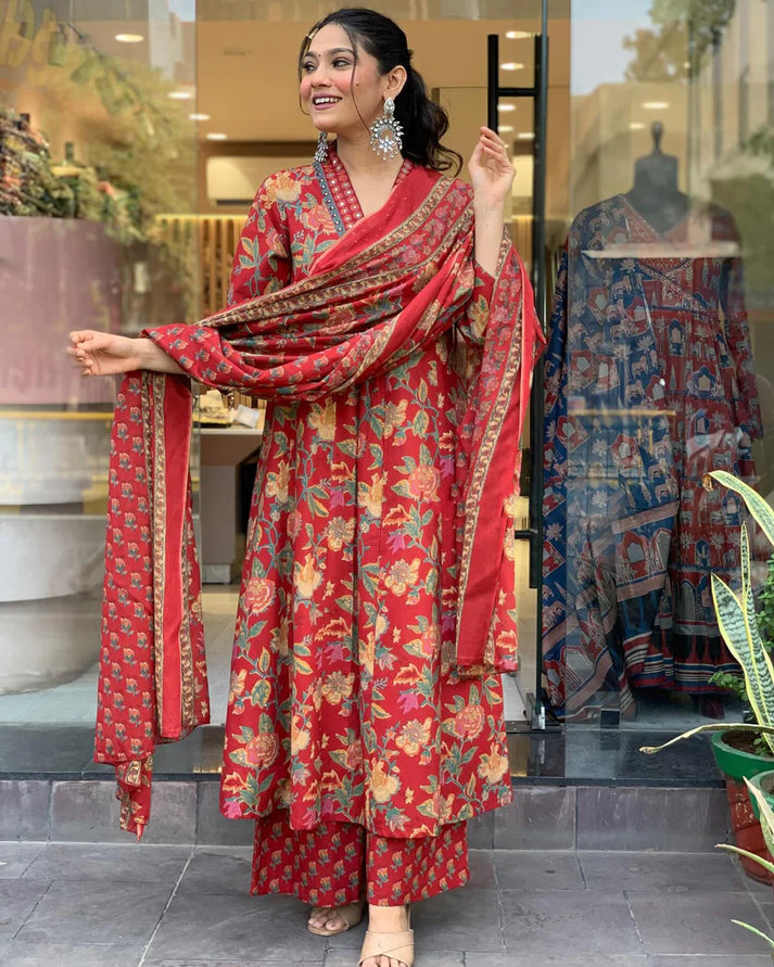 LALIMAA RED FLORAL PRINTED ANARKALI SET