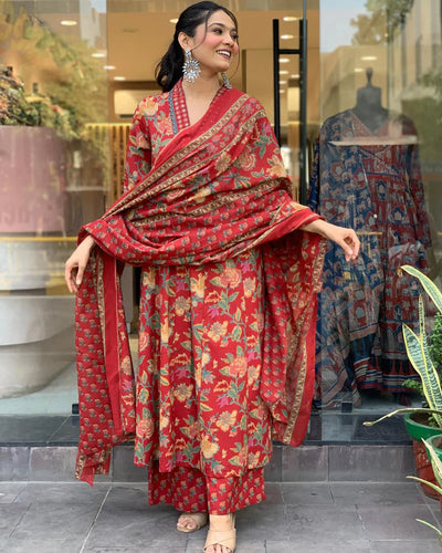 LALIMAA RED FLORAL PRINTED ANARKALI SET