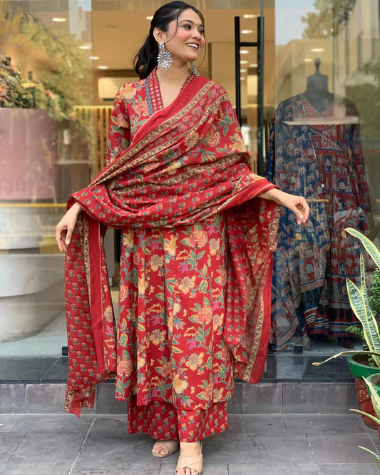 LALIMAA RED FLORAL PRINTED ANARKALI SET