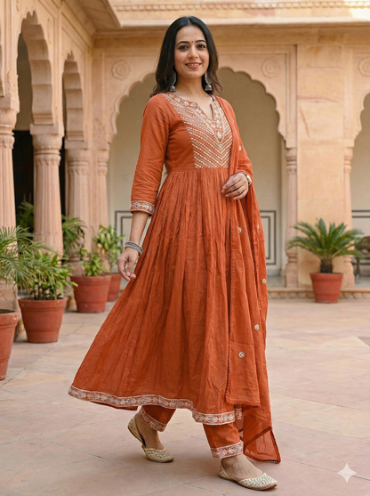 NIHARIKA RUST EMBROIDERED ANARKALI SET