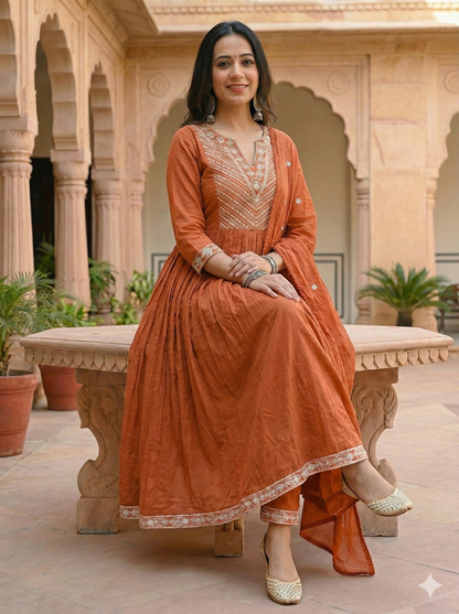 NIHARIKA RUST EMBROIDERED ANARKALI SET