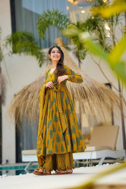 MAHIMA MUSTARD BLOCK PRINT ANARKALI SET