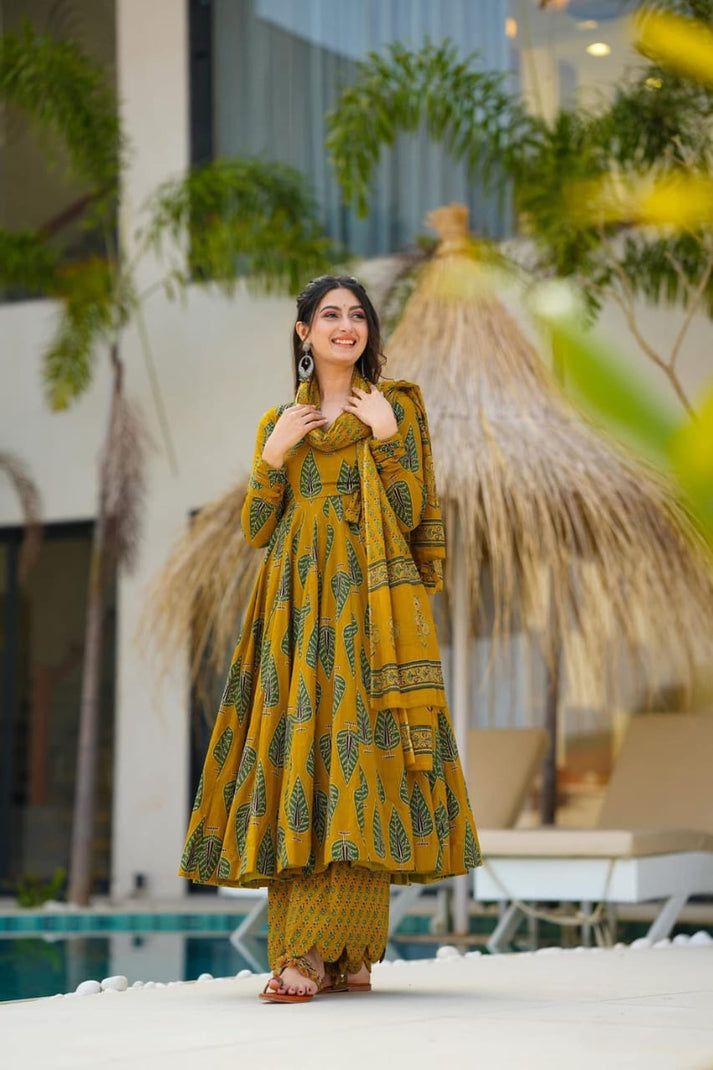 MAHIMA MUSTARD BLOCK PRINT ANARKALI SET