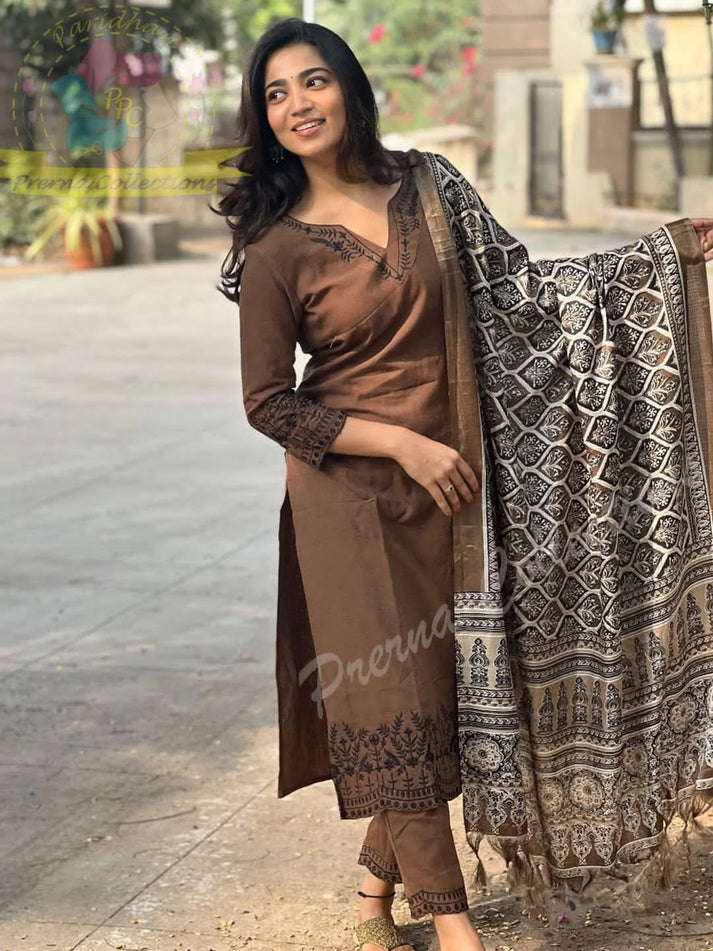 NISHBAA COCOA EMBROIDERED KURTA SET