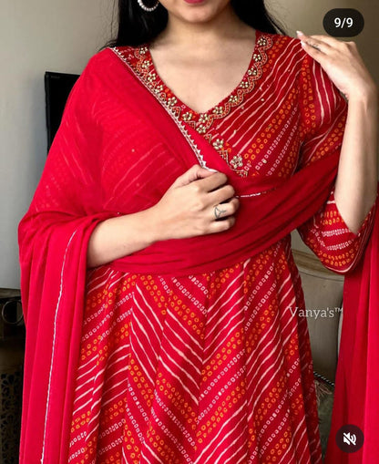 REHMAT RAYON BANDHANI ANARKALI  SET