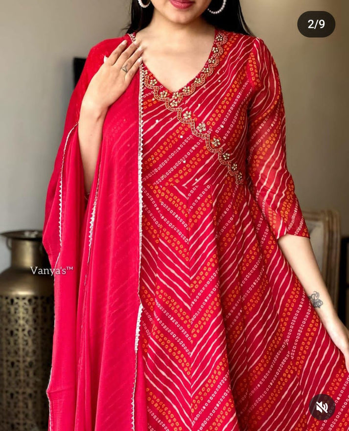 REHMAT RAYON BANDHANI ANARKALI  SET