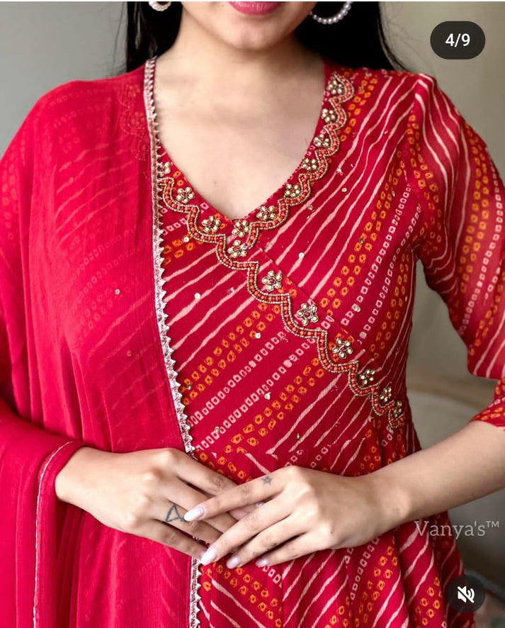 REHMAT RAYON BANDHANI ANARKALI  SET