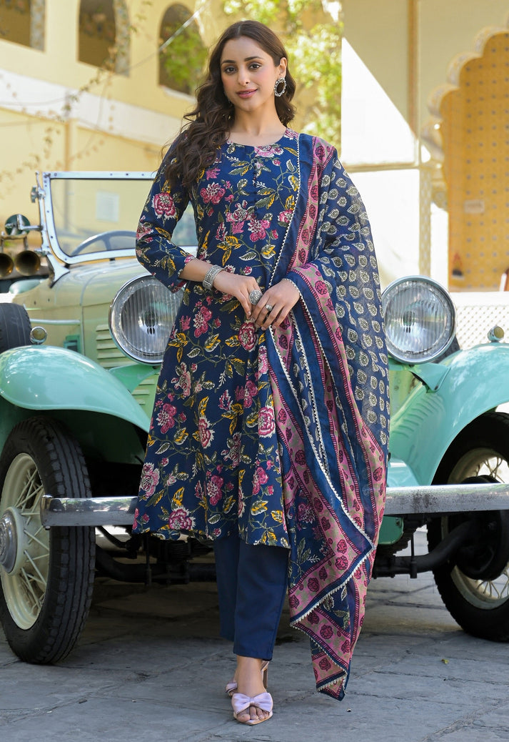 INDIGO BLOCK PRINTED ANARKALI SUIT SET