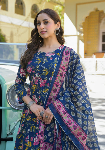 INDIGO BLOCK PRINTED ANARKALI SUIT SET