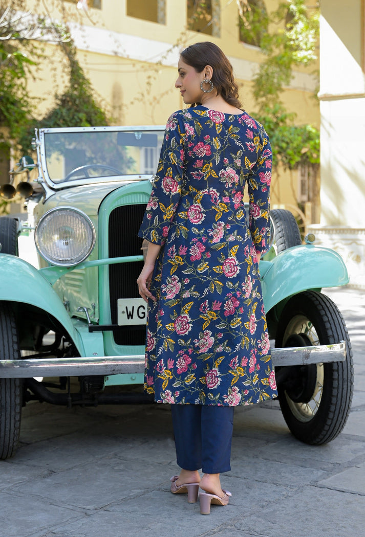 INDIGO BLOCK PRINTED ANARKALI SUIT SET