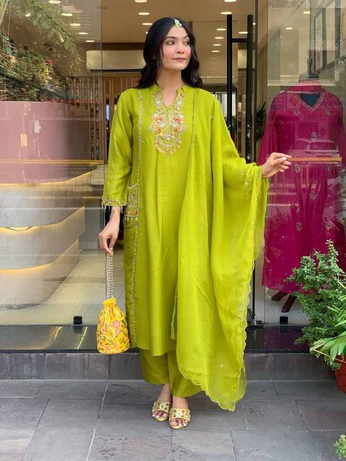 LIME GLOW EMBROIDERED SUIT SET