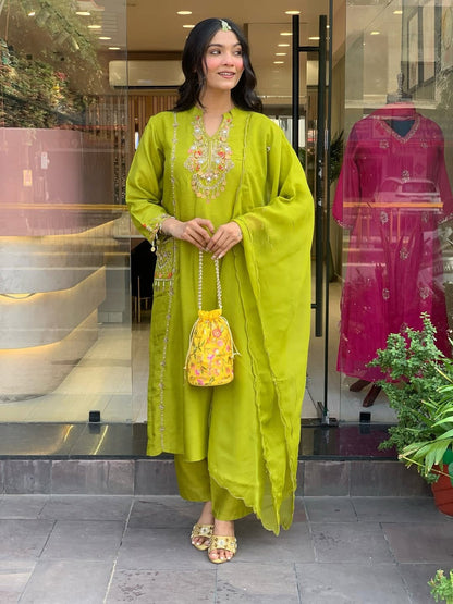 LIME GLOW EMBROIDERED SUIT SET