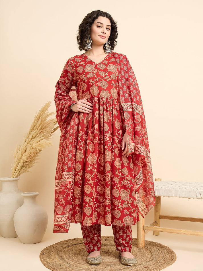 SHEZADI RED GATHERED ANARKALI SET