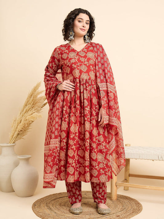 SHEZADI RED GATHERED ANARKALI SET